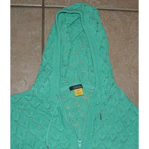 CABELA'S Green Sz Small Full Zip Open Weave Lightweight Cotton Hooded Sweater - Picture 2 of 2